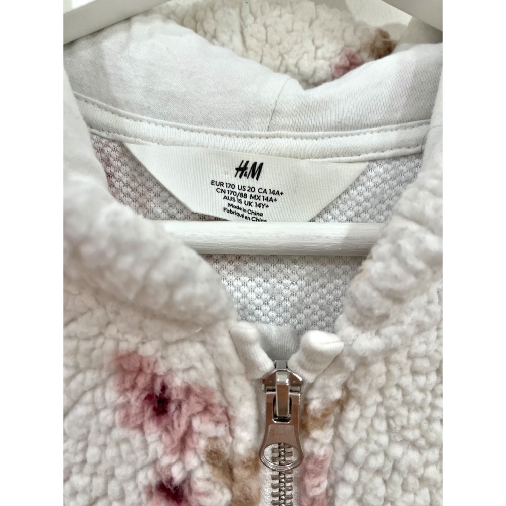 H&M Kids Floral Teddy Fleece Hooded Jacket White Pink Flowers Size 14/16 XL - Picture 5 of 7